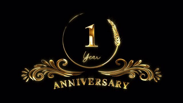 1st Anniversary Celebration. Happy 1 Year Anniversary Animation in Gold Color on the Transparent Background, Alpha Channel. Great for greetings, celebrations, events, and gifts.