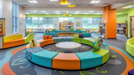 A vibrant learning center with circular seating and playful, imaginative d?(C)cor