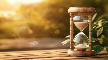 Classic wooden hourglass on wooden table