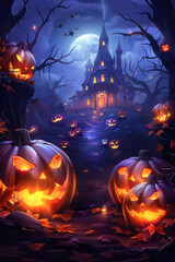 Cartoon Halloween Scene with Pumpkins