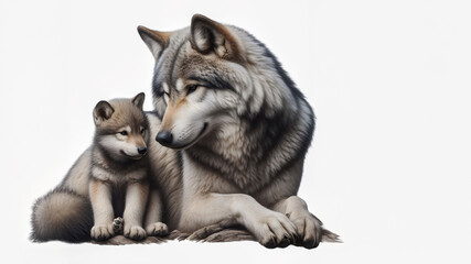 a female wolf and her pup, on a white background