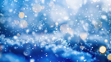 Fototapeta premium Raindrops on window with winter night sky and snowflakes