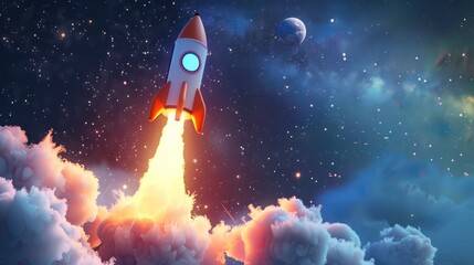 Naklejka premium Cartoon space ship rocket taking off