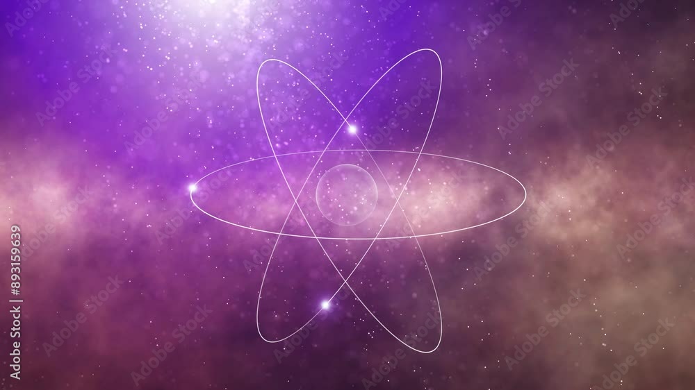 Poster loop animation of a atom on space nebula light with abstract glitter stars background.