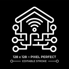 Smart home pixel perfect white linear icon for dark theme. Automation system, control. Household organization, electronics. Thin line illustration. Isolated symbol for night mode. Editable stroke