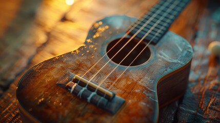 Naklejka premium A Close up of a Ukulele Sitting on a Wooden Table Top - Generative AI