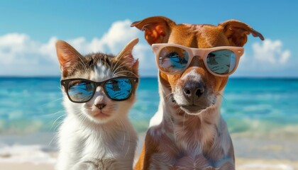 Cool dog and cat wearing sunglasses at the beach, enjoying a sunny day by the ocean.