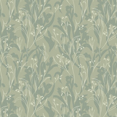 Sketchy delicate botanical pattern of sage green doodle wildflowers on tonal background. Endless repeat in casual romantic style.