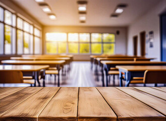 Empty wooden table top and blur of room on a blur class room decoration background. Blurry view of elementary class room no kid or teacher with chairs and tables in campus. Back to school concept.