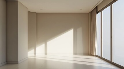 Obraz premium An empty room with a large window, light beige walls, a white floor and ceiling.