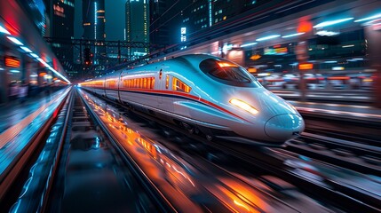 Fototapeta premium High speed rail Fantastic runs at speed, dynamic the evolution of technology.