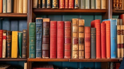 Naklejka premium Vintage bookshelf with a collection of colorful, old books. A classic portrayal of literature and learning in a cozy library setting.