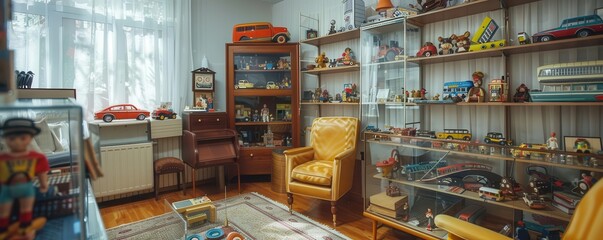 Vintage toy collection room with various items on shelves and a cozy armchair, creating a nostalgic atmosphere in a well-lit space.