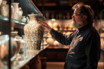 Man admiring intricate ceramic vase in a museum gallery, showcasing beautiful and detailed craftsmanship with various displayed artifacts.