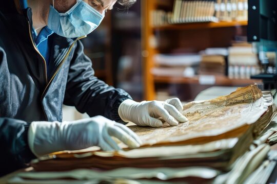 A person wearing gloves and a mask carefully restoring an ancient manuscript in a library or archive setting with bookshelves in the background.