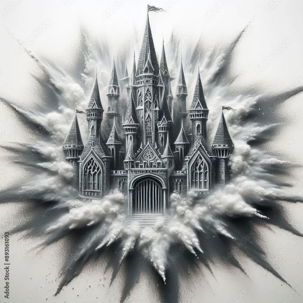 Wall mural 77 71. Gothic castle chalk piece bursting into a spooky cloud of