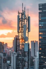 A towering 5G antenna dominates the skyline, symbolizing the heartbeat of global connectivity.