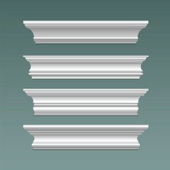 Crown cornice trim for ceiling. Wall moulding isolated frame. Decorative plaster stucco strip vector. 3d plinth pattern with bevel ornament render set. Decor relief ledge border object illustration © klyaksun