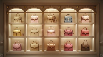 A Display Case With Many Different Types of Purses in It All the Same Color - Generative AI