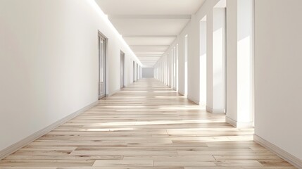 Obraz premium An empty school hallway with white walls and light wooden flooring