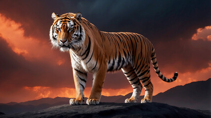 full-body shot of a Panthera tigris against a dramatic backdrop with a fiery gradient or stormy sky