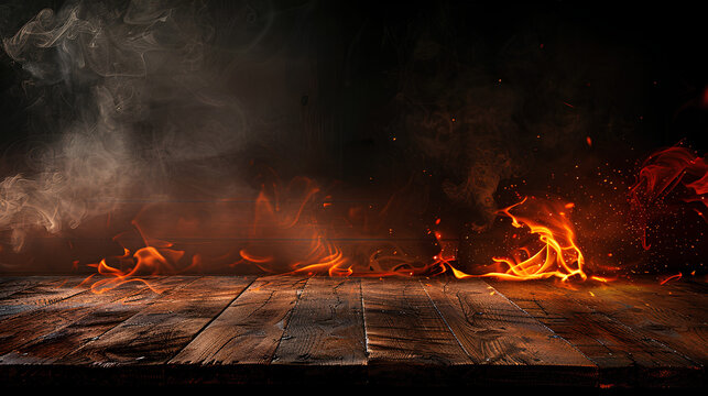 Blank wooden table with fire burning at the edge of the table, fire sparks and smoke with flames on a dark background to display products