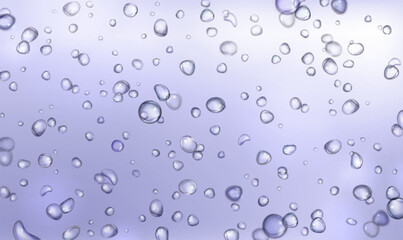 Soda drink background with fizzy drop texture. Purple effervescent water 3d bg. Gel pattern or underwater effect with mineral droplet closeup backdrop. Realistic rain on glass. Sparkling lemonade