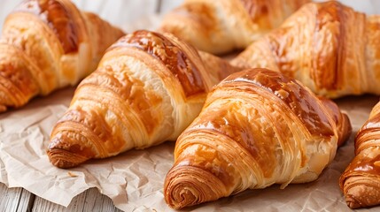 A row of croissants are on a black surface