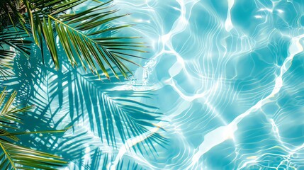 Shadow of Palm Leaves tree on a Blue water in pool, background.