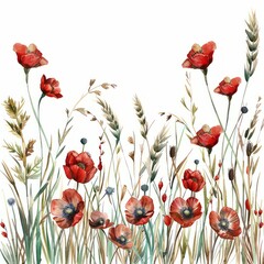 Obraz premium Watercolor tall grass and red poppys on a white background