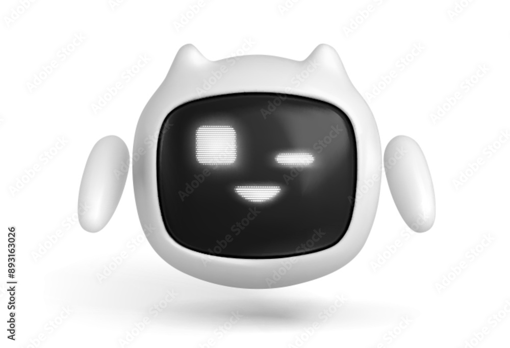 Poster 3d ai robot character. chat bot wink mascot icon. cute chatbot cyborg blink. futuristic assistant wi