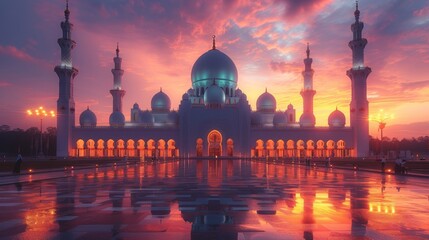 A Large White Mosque Lit up at Dusk With a Rainbow in the Sky Behind It - Generative AI