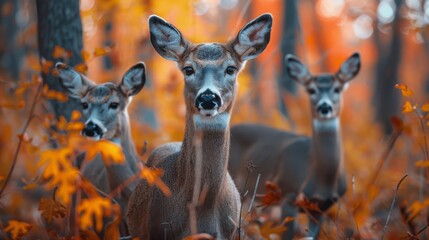 A Group of Deer Standing In a Forest With Leaves on the Ground and Trees in the Background - Generative AI