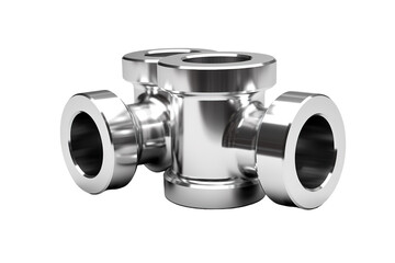 A Gleaming Metallic Cross-Shaped Pipe Connector Reflects Light on a White Background on a Clear PNG or White Background.