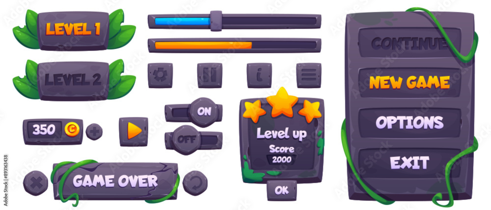 Poster jungle stone frame for cartoon game ui vector. rock board and button icon element for aztec app desi