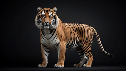 Obraz premium Full-body shot of a Panthera tigris, captured in a majestic and commanding stance, isolated against a dark, moody background