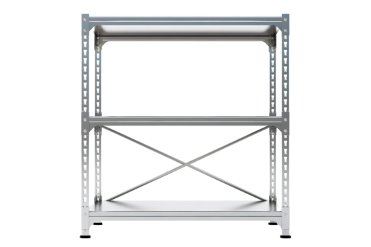 A Gleaming Steel Shelf Unit Standing Tall Against A White Background on a Clear PNG or White Background.