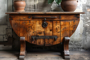 Fototapeta premium A pot resting on a wooden table surface.