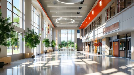 Bright and airy school entrance with high ceilings and sleek, modern lines