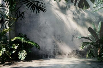 A simplified botanical backdrop features a neutral-themed setting with a play of light and dark, providing ample space for text.