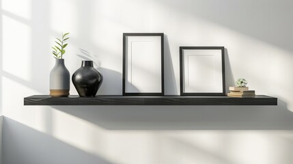 Modern Black Shelves and Picture Frames Mockup with Ceramic Vases, Shadow Play on White Wall, Natural Wood Texture