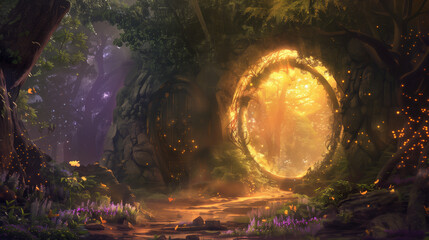 Obraz premium Fantasy 3D Illustration of a Hidden Portal Guarded by Mystical Creatures Leading to a Forgotten Fairy Realm with Intricate Details and Magical Lighting