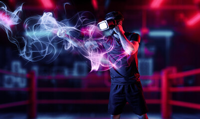 Man wearing VR glass and smashing or punching at camera in neon boxing arena. Sport gamer boxing and moving gesture in metaverse or virtual world while using digital technology innovation. Deviation.