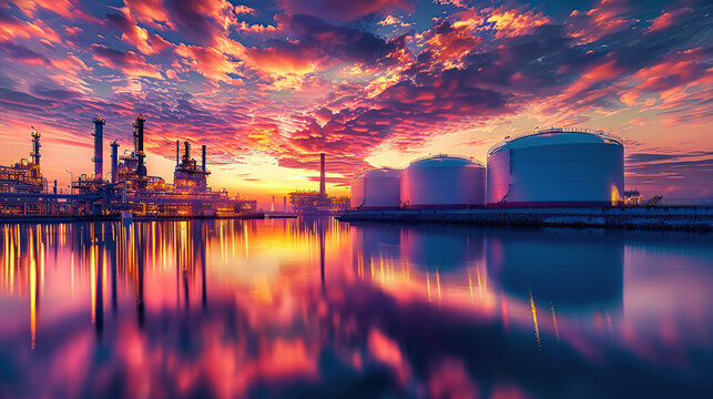 The oil refinery is reflected in the water under a dramatic sky