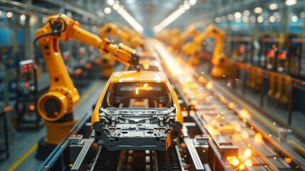 Naklejka premium Robots welding on car assembly line Robotized industry in the car assembly plant