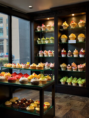 beautiful cakes are on display in a bakery or pastry boutique.