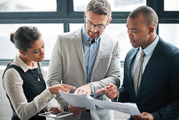 Documents, meeting and business people in discussion for planning, advice and collaboration....