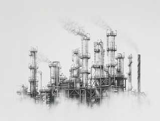 Black and white pencil drawing of an industrial refinery in fog