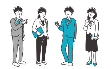 立ってミーティング・会話をするスーツのビジネスパーソン（男女）の全身イラスト素材