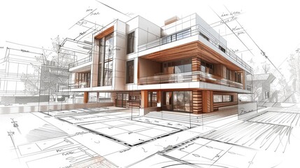 Sketch engineering drawing of a modern country house.